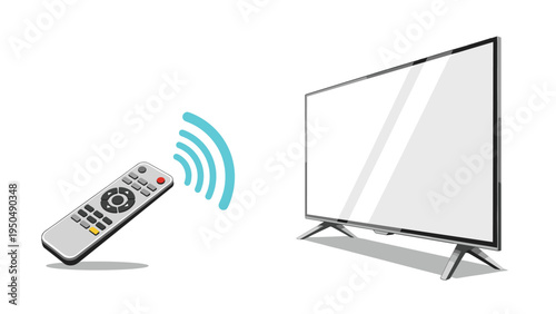 Black remote control sending wireless signals represented by blue waves toward a modern flat screen television monitor on a white background.