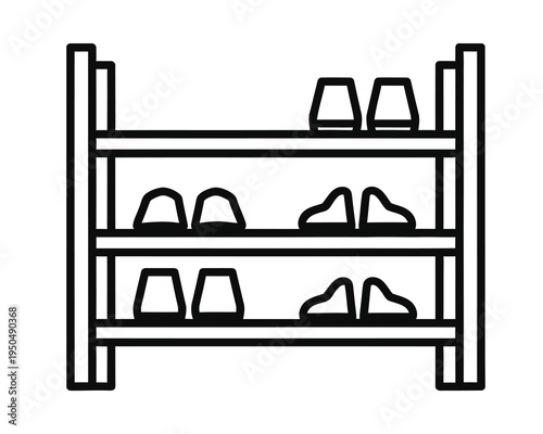 A simple line drawing of a shoe rack with various shoes