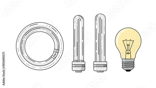 Lineup of various light bulb technologies including circular fluorescent tubes, U-shaped lamps, and a glowing yellow incandescent bulb icon.