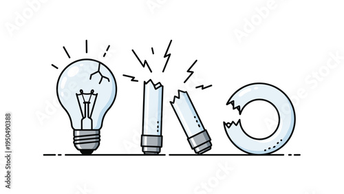 Display of three broken light bulbs of different types like incandescent and fluorescent tubes representing electrical waste or lighting failure.