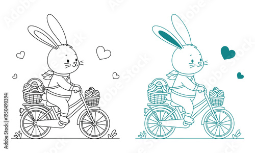 Two rabbits riding tricycles in black and green line art with hearts