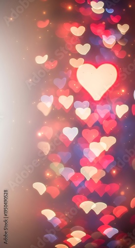 Numerous glowing heart shaped lights create a romantic abstract background effect