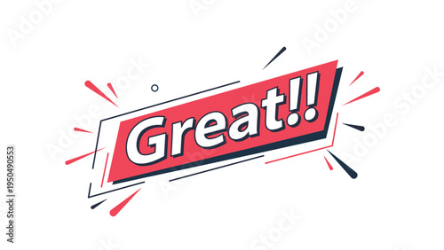 Stylized red banner with the word Great in white font surrounded by dynamic explosion lines and sparks to express excitement or success.