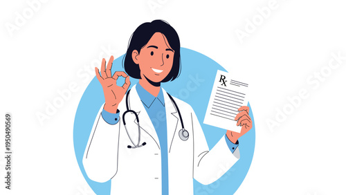 Female medical professional making an ok sign while holding a prescription paper with an rx symbol to confirm a successful health treatment.