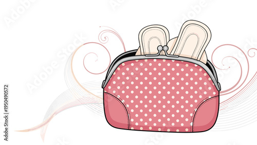 Pink polka dot coin purse with feminine hygiene products like sanitary pads sticking out against an elegant swirling background pattern.