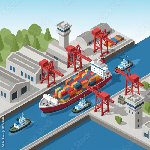 Container Ship Docked at Industrial Port with Cranes and Tugboats.