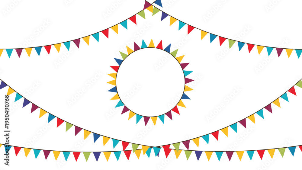 Fototapeta premium Festive bunting flags arranged in strings and a circular frame for party decorations celebration announcements or event invitations.