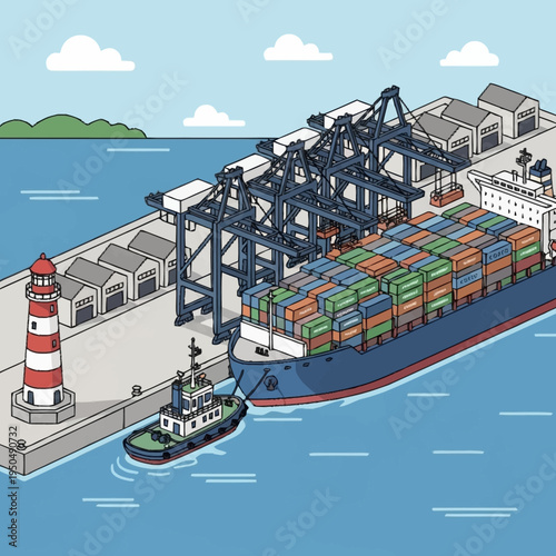 Container Ship Docked at Industrial Port with Cranes and Tugboat.