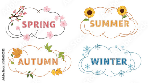 Collection of four seasonal speech bubbles for spring summer autumn and winter with representative floral and nature motifs.