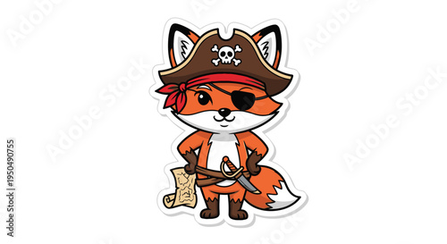 Cartoon fox pirate with hat and eye patch holding a map and sword