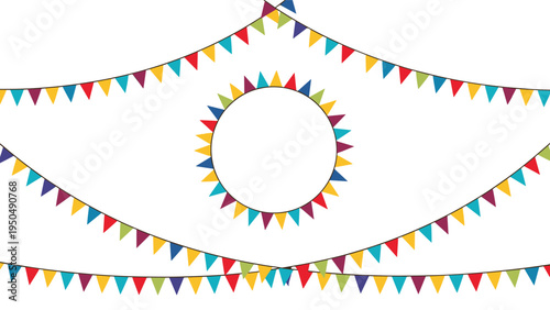 Festive bunting flags arranged in strings and a circular frame for party decorations celebration announcements or event invitations.
