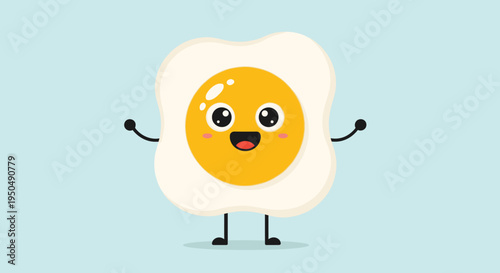Cartoon fried egg smiling with arms and legs on light blue background