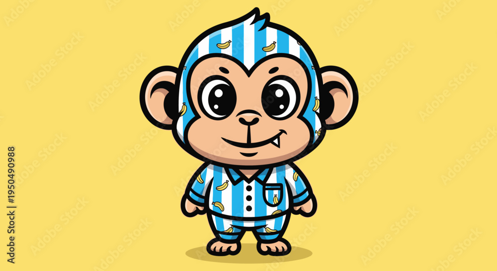 Obraz premium Cartoon monkey in pajamas on yellow background vector illustration