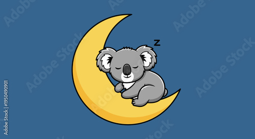 Cartoon koala bear sleeping peacefully on a crescent moon illustration