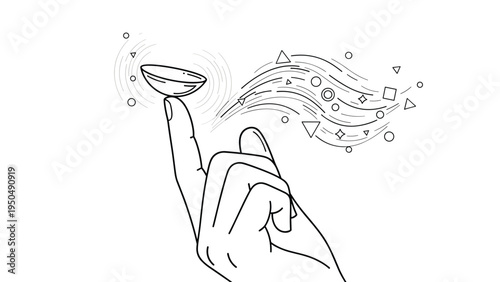 Detailed line drawing of a hand holding a contact lens on a fingertip with abstract lines representing hygiene or use.