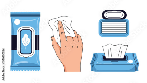 Comprehensive illustration of wet wipes in various packaging and a hand using one to represent hygiene and cleaning practices.