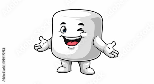 Cartoon marshmallow character winking and smiling on a white background