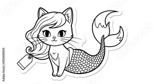 Cartoon mermaid cat with flowing hair and decorative tail illustration