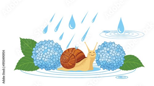 Charming illustration of a happy snail among blue hydrangeas under raindrops symbolizing a peaceful rainy day in the garden.
