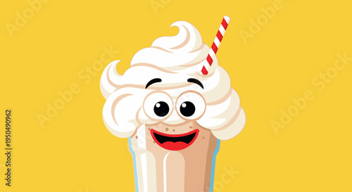 Cartoon milkshake with whipped cream smiling on a yellow background