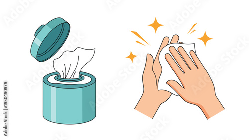 Hands using a wet wipe from a dispenser to clean representing a commitment to hygiene sanitation and personal health.