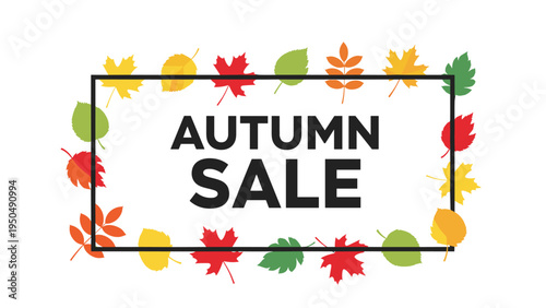 Autumn sale banner with a simple black frame and colorful fall leaves in various shapes and seasonal colors.