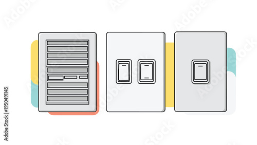 Set of electrical panels including a circuit breaker fuse box and light switches for home interior and utility control.