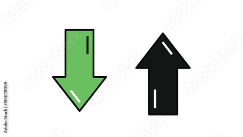 Green arrow pointing downward next to a black arrow pointing upward on a plain white background representing growth or decline.
