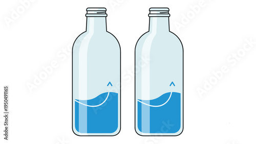 Pair of glass bottles partially filled with blue liquid featuring a small wave pattern on a white background for product display.