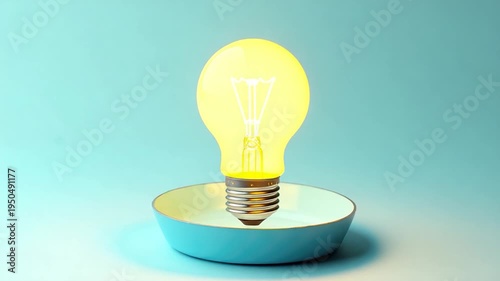A single yellow light bulb sits atop a blue ceramic bowl, ready to illuminate