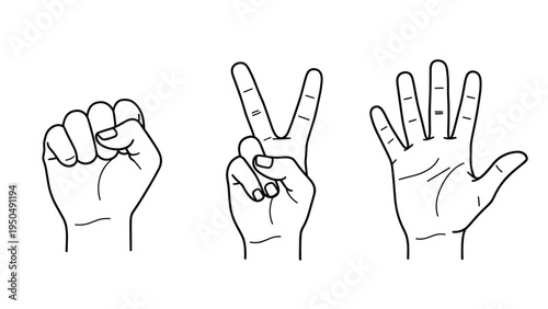 Hand drawn sketches showing rock paper scissors game gestures with a closed fist, two fingers, and an open palm on white.