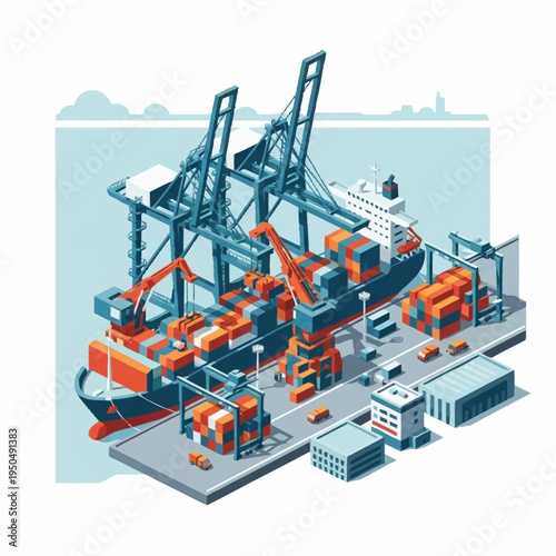 Modern Container Ship Loading at Industrial Port Terminal.