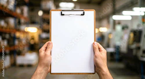 Fotografía Hands Holding Blank White Clipboard in a Factory Workshop