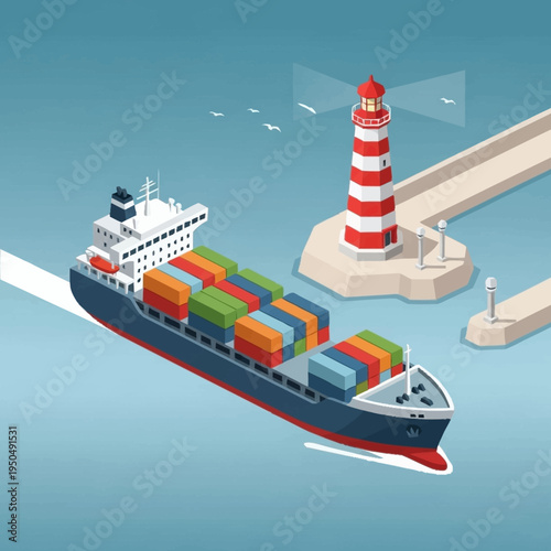 Container Ship Navigating Towards Port with Lighthouse Guidance.