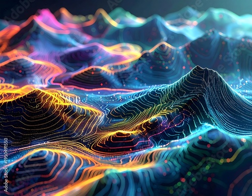 A vibrant, abstract digital landscape of layered, contoured formations glowing with neon hues resembling geographical terrain