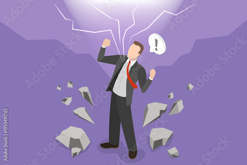3D Isometric Flat Vector Illustration of Super Power, Businessman Energized By Lightning Strike, Electric Power-Up Concept