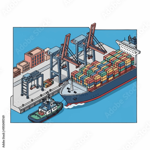 Container Ship Docked at Port with Cranes and Tugboat.