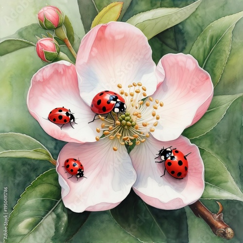 Mikan and Ladybugs An illustration featuring a satsuma mandarin