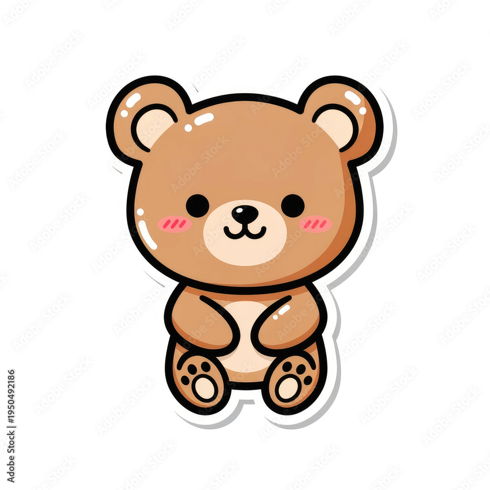 Obraz premium Adorable cartoon brown teddy bear with cute blushing cheeks and happy smiling face sticker