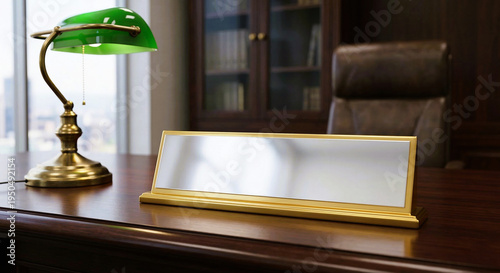 Valokuva Blank Gold Desk Nameplate Resting on a Large Executive Desk