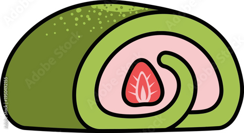 Japanese Strawberry Matcha Swiss Roll Cake Slice with Pink Cream Filling