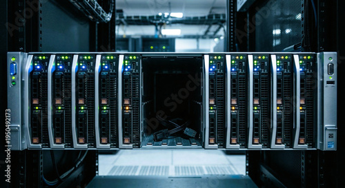 Plakat Blank Hard Drive Bay Missing From a Busy Server Rack