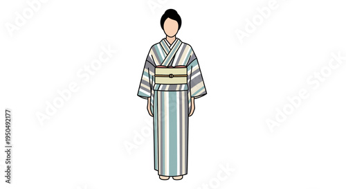 Japanese Woman in Traditional Kimono with Striped Pattern and Obi