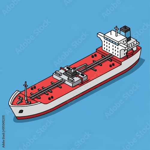 Illustration of a large red and white cargo ship sailing on the ocean.