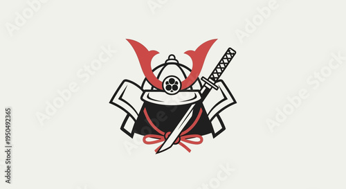 Samurai Helmet and Katana Sword Emblem - Japanese Warrior Symbol