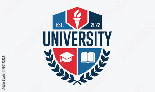 University Emblem Vector Illustration with Shield Torch Graduation Cap and Book in Crest Badge