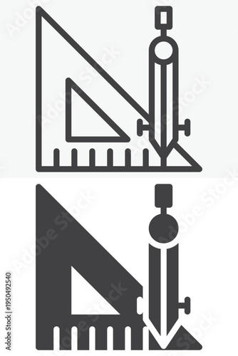 Ruler and compass geometry tool icon set. Line and outline with solid style icon. Editable stroke vector sign and symbol for drafting mathematics geometry icon.