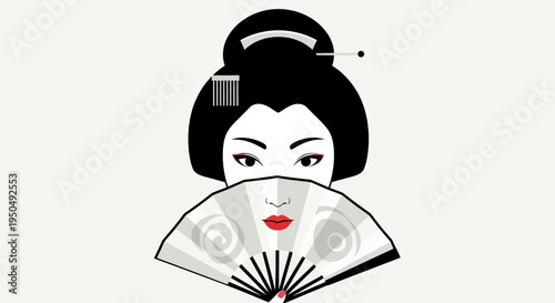 Elegant Geisha Face with Traditional Fan, Japanese Culture Illustration