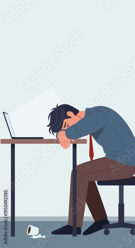 Exhausted businessman sleeping at desk, spilled coffee, laptop, office burnout