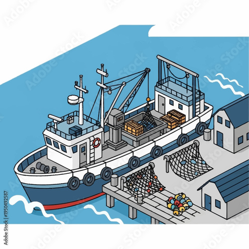 Fishing Boat Docked at Harbor with Nets and Buildings.